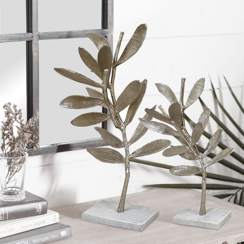28, 23 Inch Pair of Metal Statues, Decorative Olive Tree Accent, White by Casagear Home