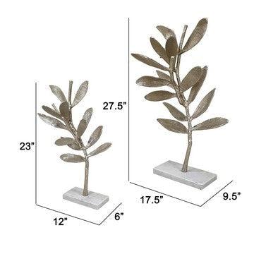 28, 23 Inch Pair of Metal Statues, Decorative Olive Tree Accent, White by Casagear Home
