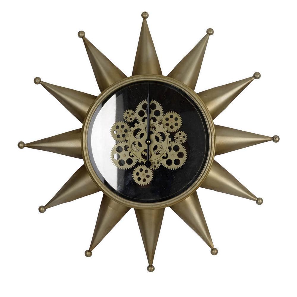 28 Inch Circular Wall Clock, Sun Design Frame, Deep Brown, Striking Jet Black By Casagear Home