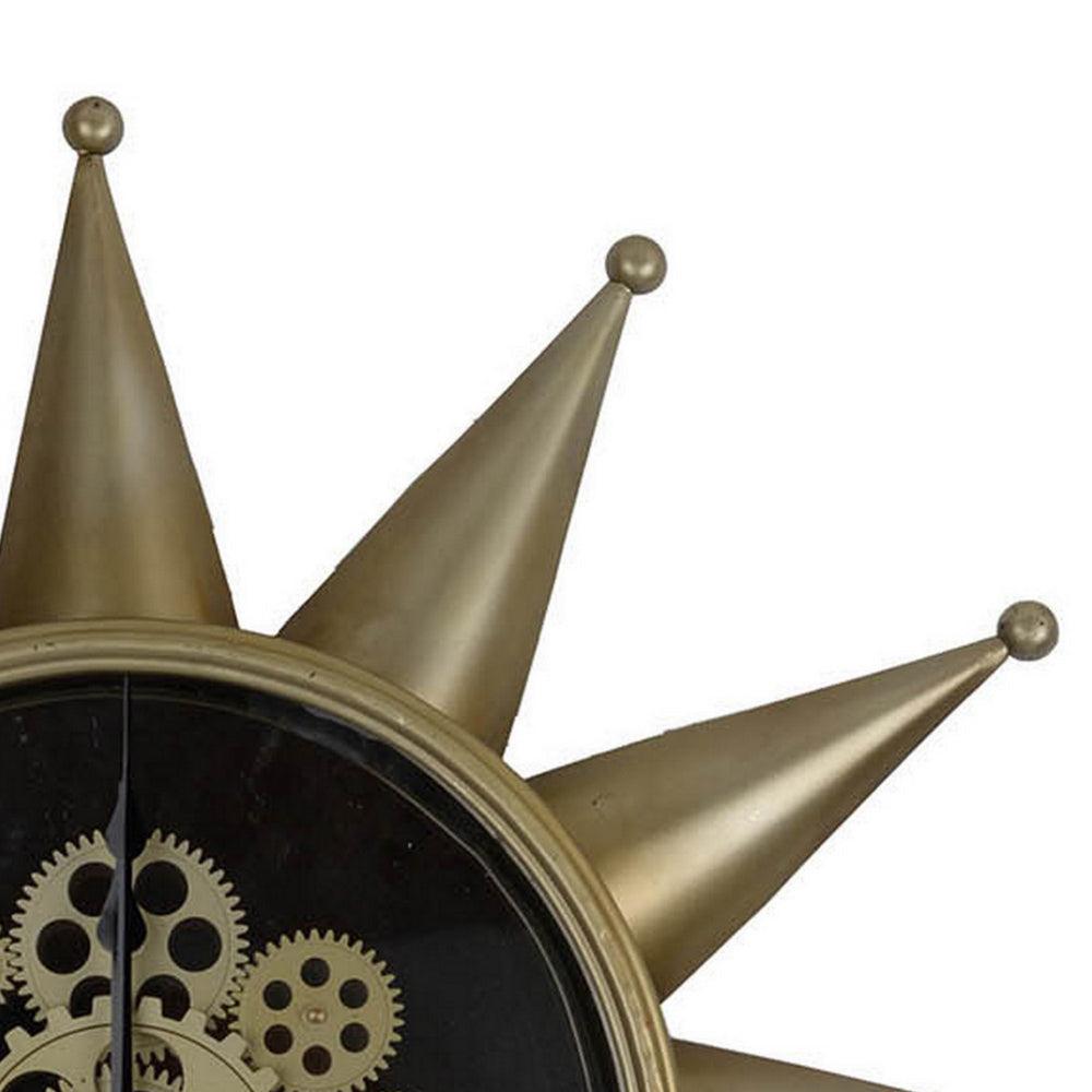 28 Inch Circular Wall Clock, Sun Design Frame, Deep Brown, Striking Jet Black By Casagear Home