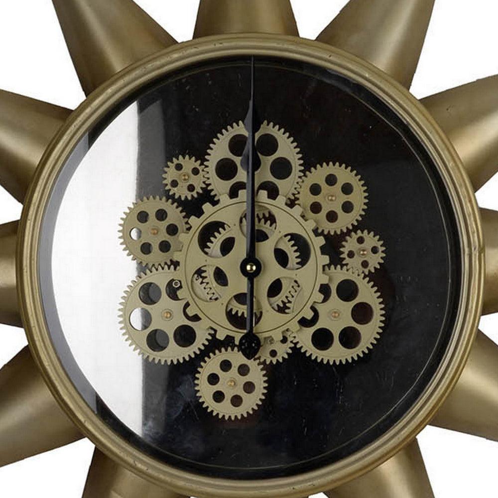 28 Inch Circular Wall Clock, Sun Design Frame, Deep Brown, Striking Jet Black By Casagear Home