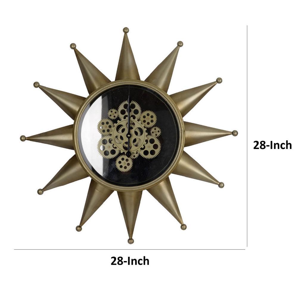 28 Inch Circular Wall Clock, Sun Design Frame, Deep Brown, Striking Jet Black By Casagear Home