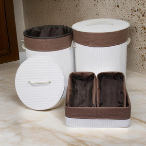 5 Piece Set of Laundry Basket and Tray, Round Folding Brown Bamboo, White from Casagear Home