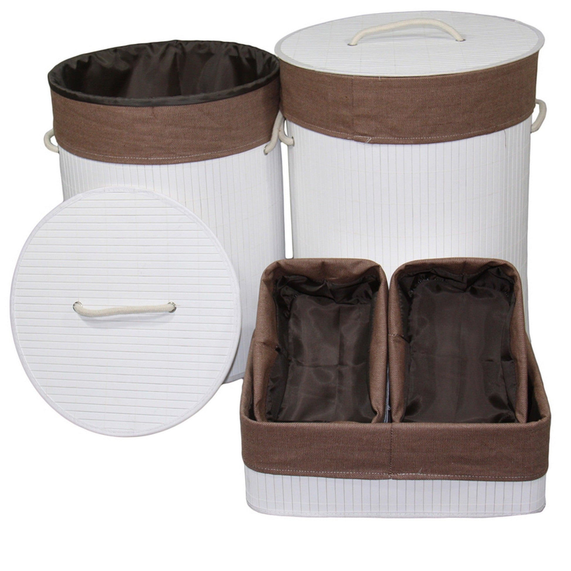 5 Piece Set of Laundry Basket and Tray, Round Folding Brown Bamboo, White from Casagear Home