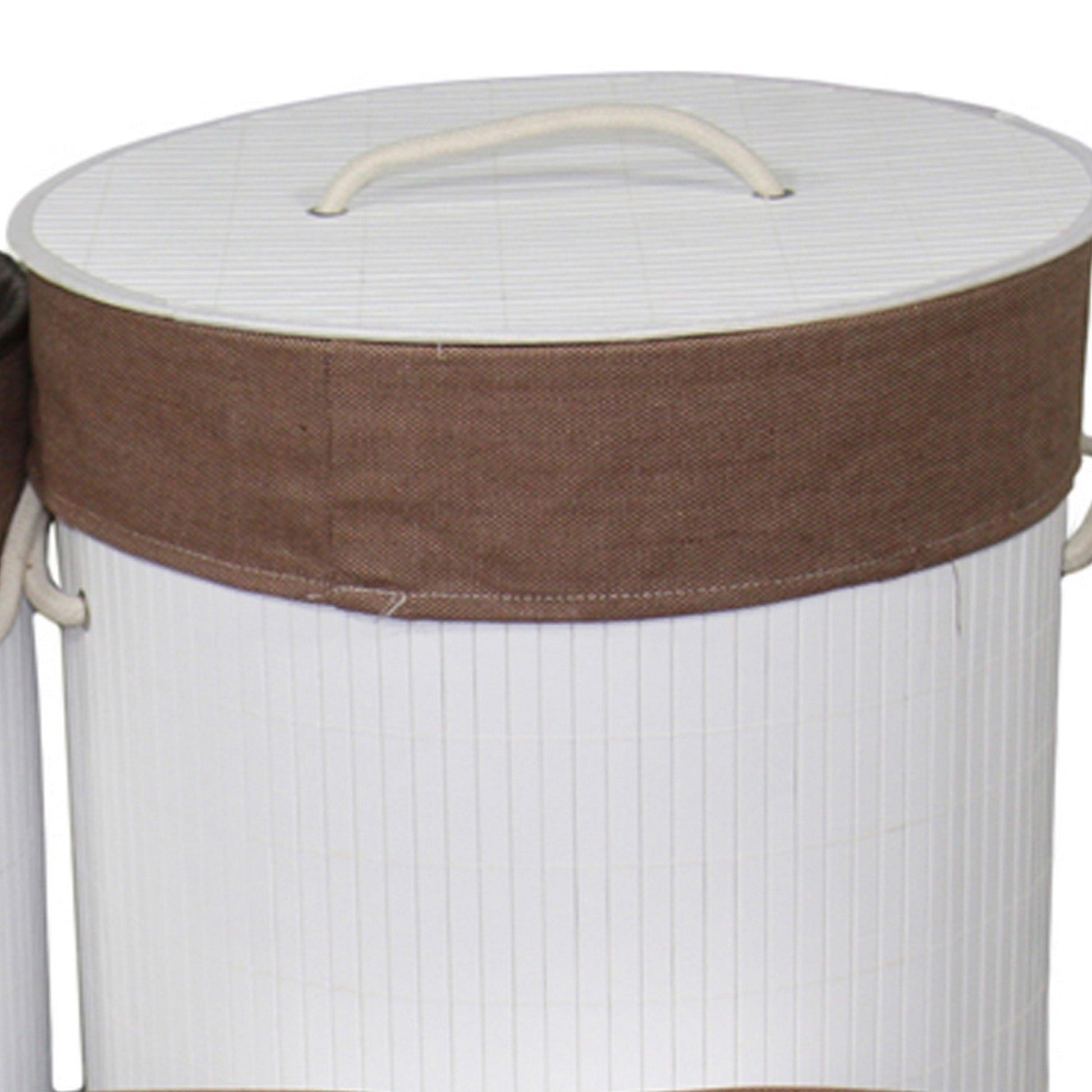 5 Piece Set of Laundry Basket and Tray, Round Folding Brown Bamboo, White from Casagear Home