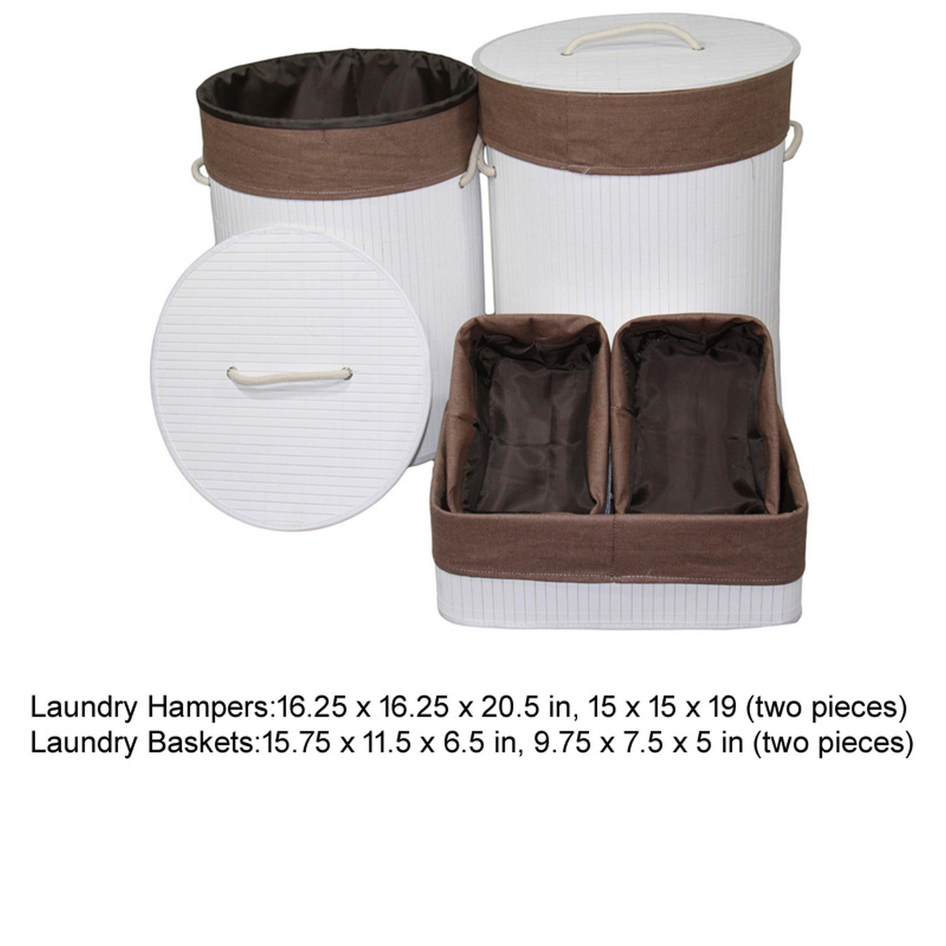 5 Piece Set of Laundry Basket and Tray, Round Folding Brown Bamboo, White from Casagear Home