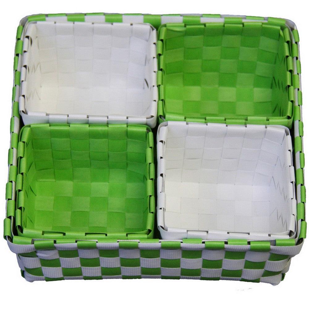 5 Piece Basket and Trays, Handcrafted, Checkered Design, Green and White By Casagear Home
