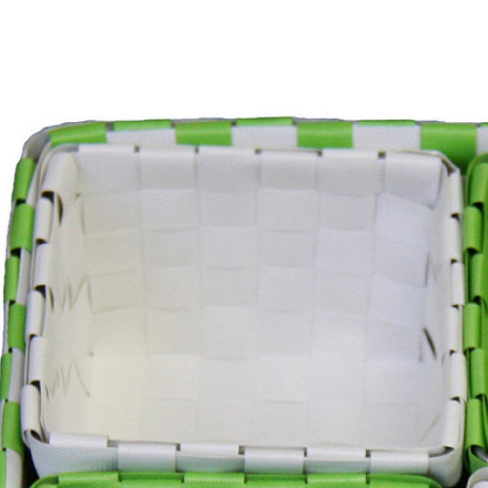 5 Piece Basket and Trays, Handcrafted, Checkered Design, Green and White By Casagear Home