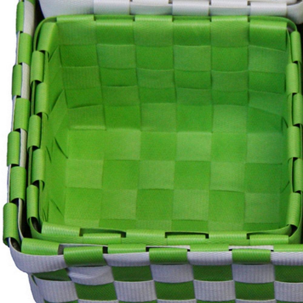 5 Piece Basket and Trays, Handcrafted, Checkered Design, Green and White By Casagear Home