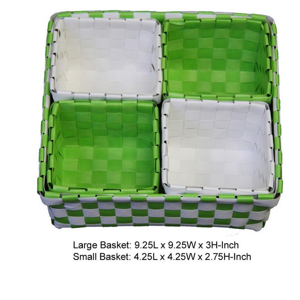 5 Piece Basket and Trays, Handcrafted, Checkered Design, Green and White By Casagear Home