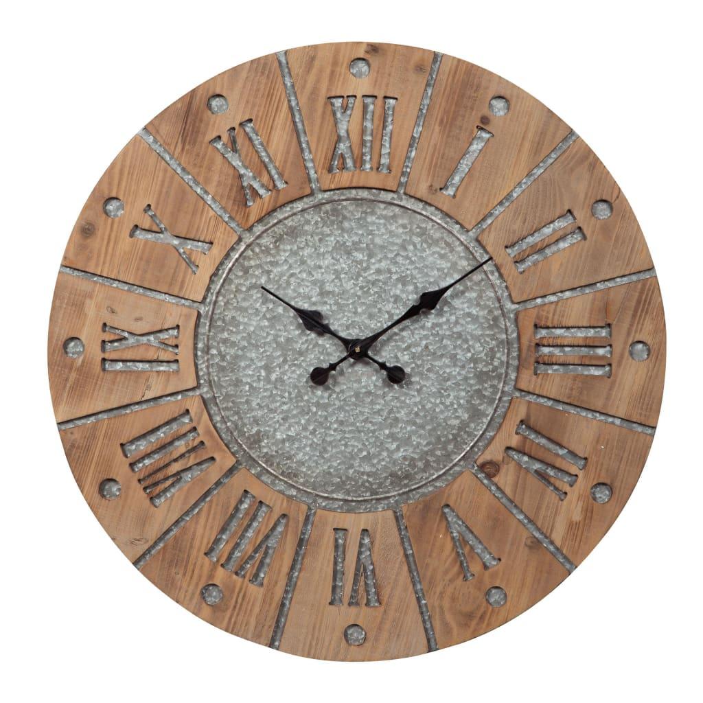 Ashley Round Wooden Frame Wall Clock featuring Metal Details, Brown and Gray