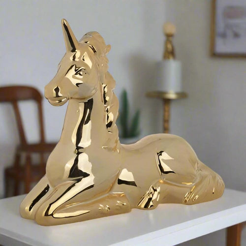 11 Inch Unicorn Figurine for Sitting, Ceramic Statue with Gold Metallic Finish from Casagear Home
